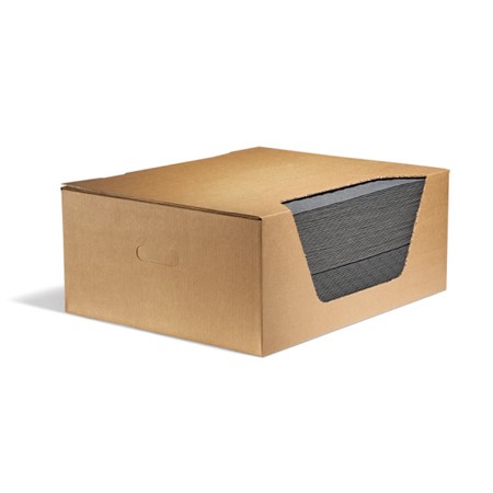 Universal MW Ark - En brun dispenser låda, rektangulär formad. Lådan är full med gråa ark.